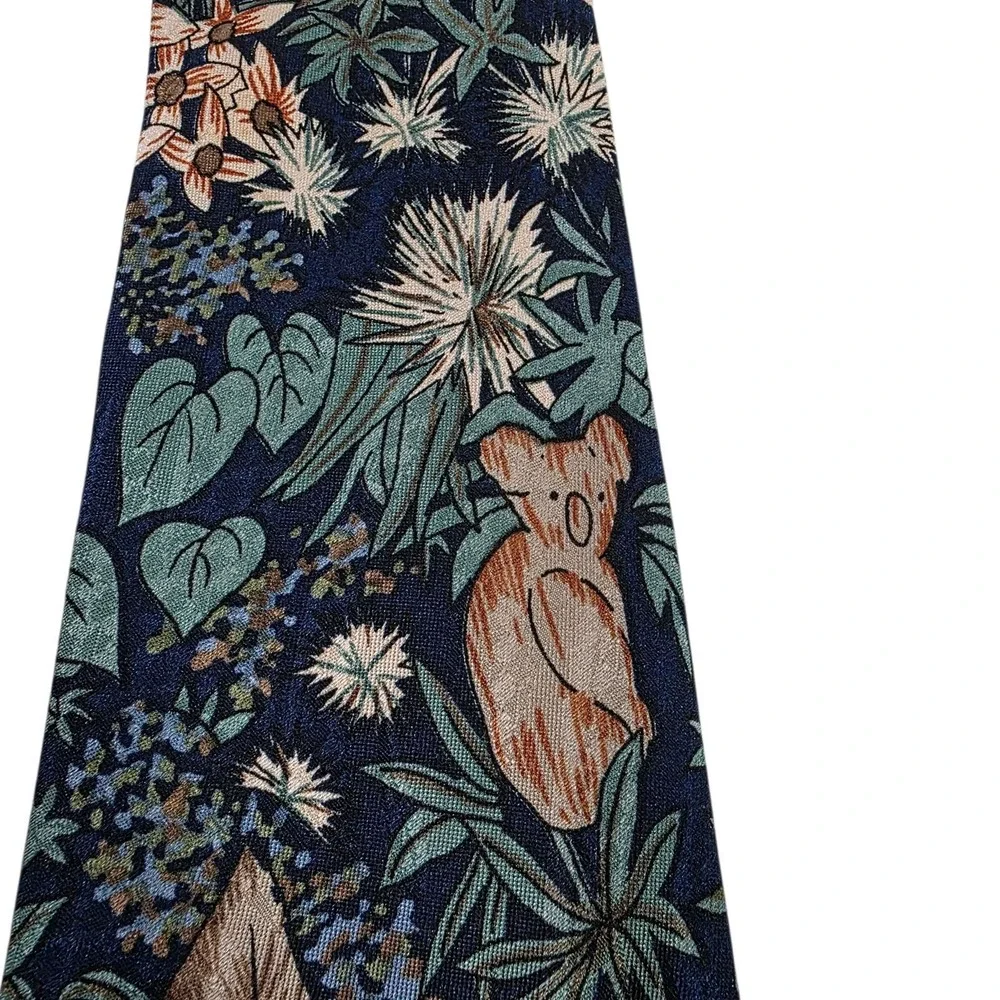 Australian Koala & Kangaroo Botanical Print Silk Necktie Blue‎ Green Handmade